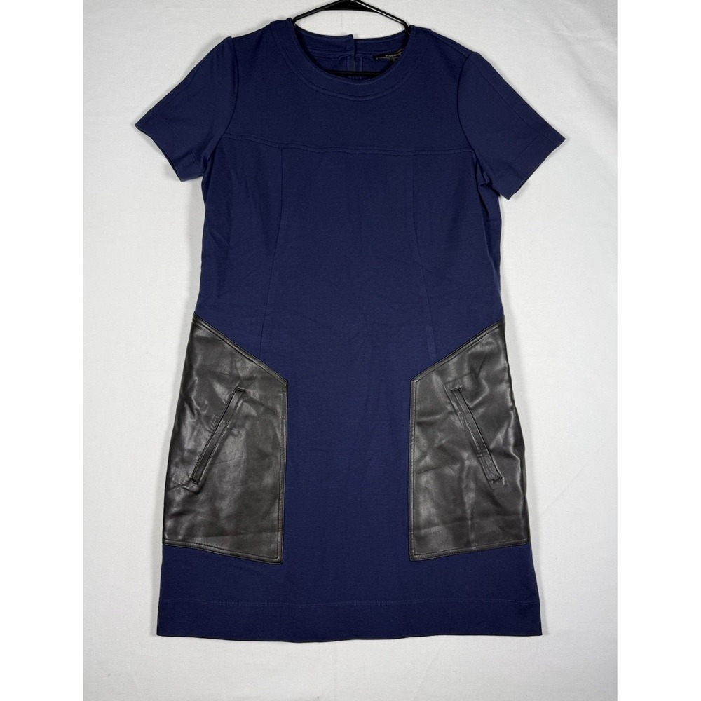 BCBG Maxazria Chrissie Pleather-Blocked Dress Women's Medium Blue Faux Leather